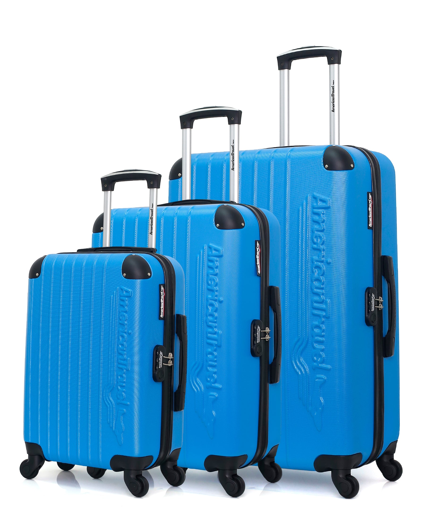 Lot de 3 Valises rigide en ABS - Valise à roulettes Valise de voyage agage  à main 4 roulettes set M-L-XL - bleu clair